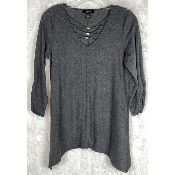 Alyx Medium Gray 3/4 Sleeve Sharkbite Top Criss Cross Neck - Picture 1 of 6